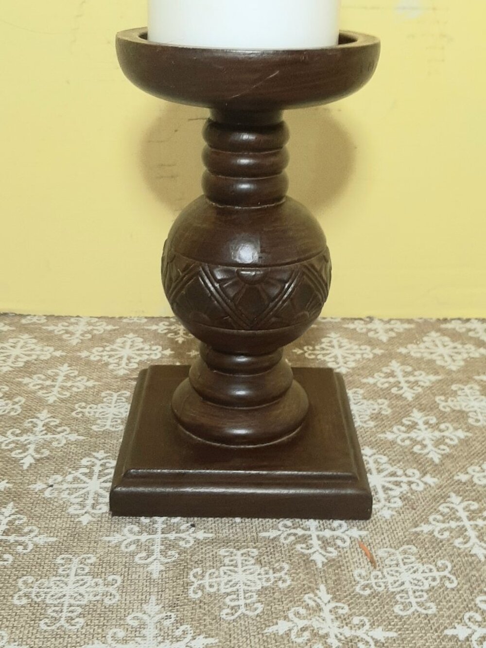 Ornately carved wooden pedestal Pillar Candle Holder.